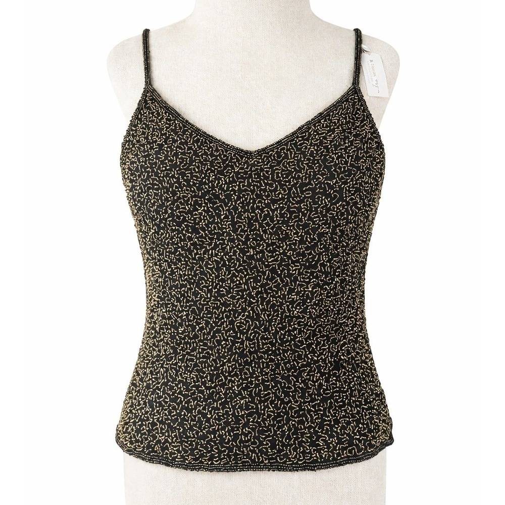 Chaudry KC Black Gold Beaded Silk Camisole Y2K V Neck Zip Back NWT Sm Deadstock